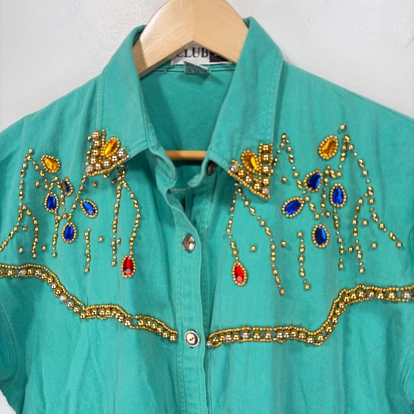 Vintage Club Z Turquoise Beaded Gem Short Sleeve Button Shirt Women Large - Picture 6 of 9